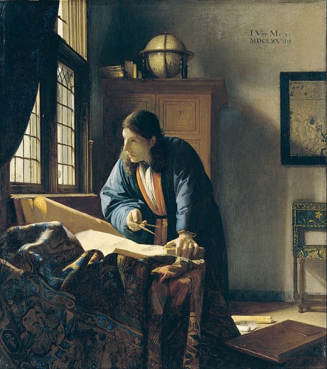 A painting of a man by a window with a compass in his hand.