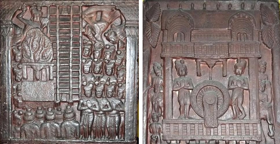 Stone carving of an empty throne with a tree sprouting from it. People fill the space as though stacked up.    Stone carving of a wheel within a building. A man stands on each side of the wheel with hands in prayer position. People and an elephant are outside the walls.