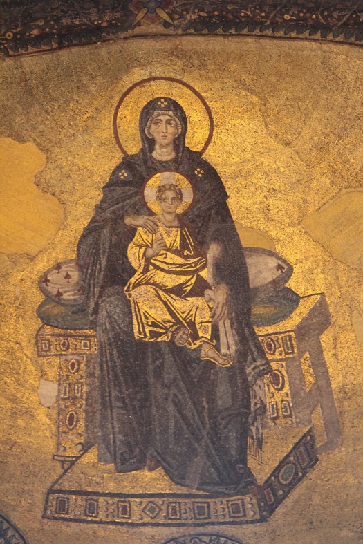 A painting of Mary with the Christ child on her lap. The background is gold.