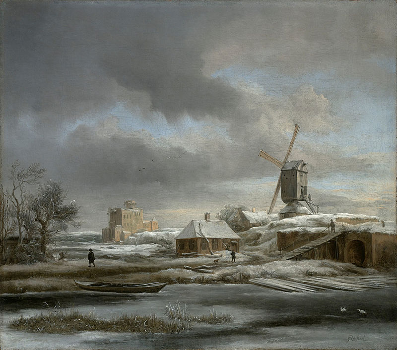 A painting of a winter landscape with a windmill and icy river.