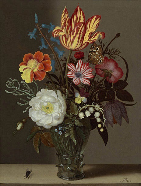 A painting of a vase of flowers. A butterfly sits on one and a fly sits on the table.