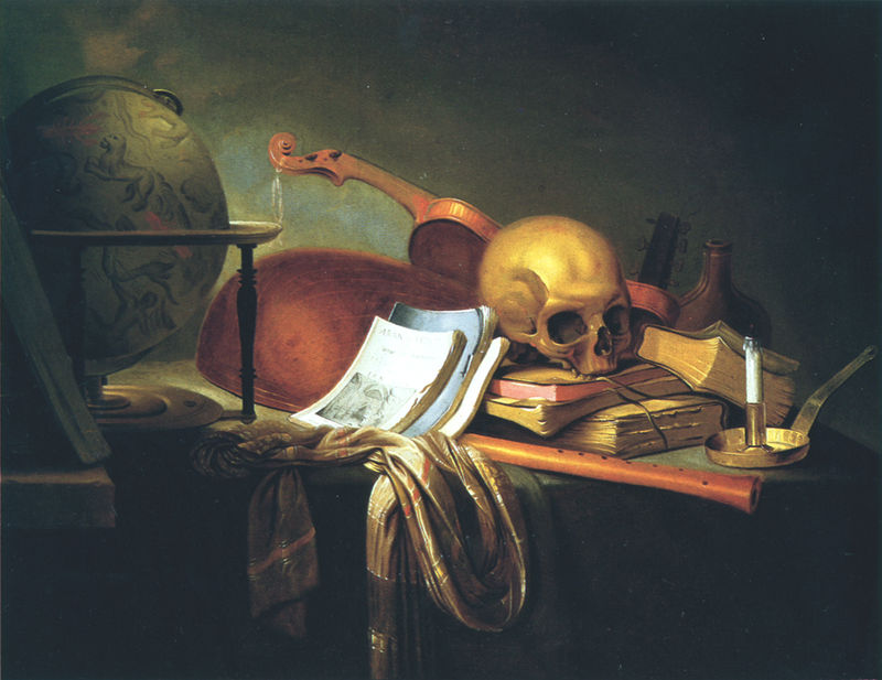 A painting of a table filled with a skull, a violin, papers, books and cloth. A candle in a candle holder is half burned down.
