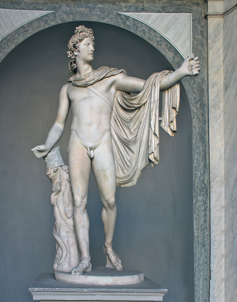 A sculpture of a handsome, nude young man with a cloak.