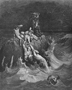 A painting of people struggling to survive in a stormy ocean.