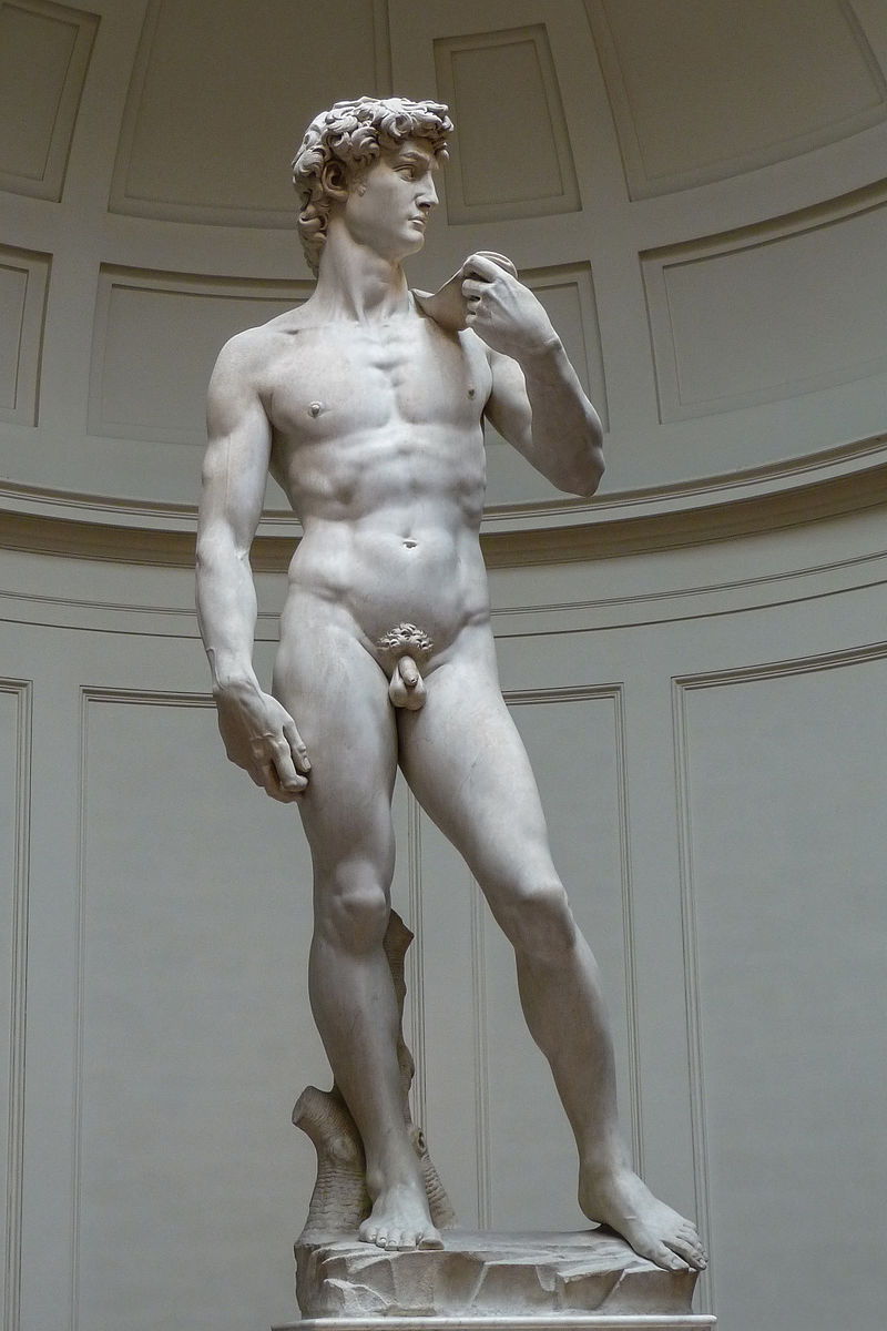 A sculpture of an ideal nude man standing in a contrapposto pose.