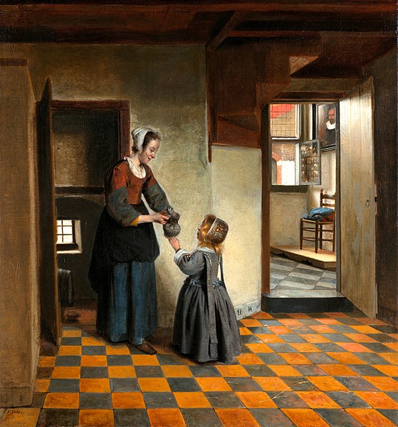 A painting of a woman and girl standing on a tile floor.