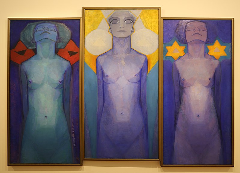 Piet Mondrian, Evolution Triptych, 1911, oil on canvas, 72x34” central panel, 70x33”wings"