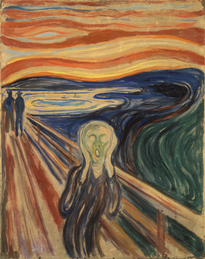 Tempera and oil on an unprimed cardboard, The Scream (Les Cri),1910, Edvard Munch