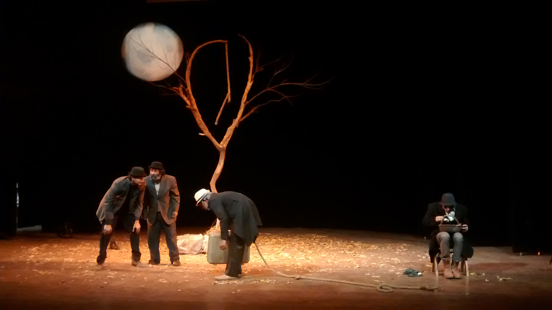 A scene from Waiting for Godot. The pair on the left are Dido and Gogo, the other two are the minor characters of Pozzo and Lucky