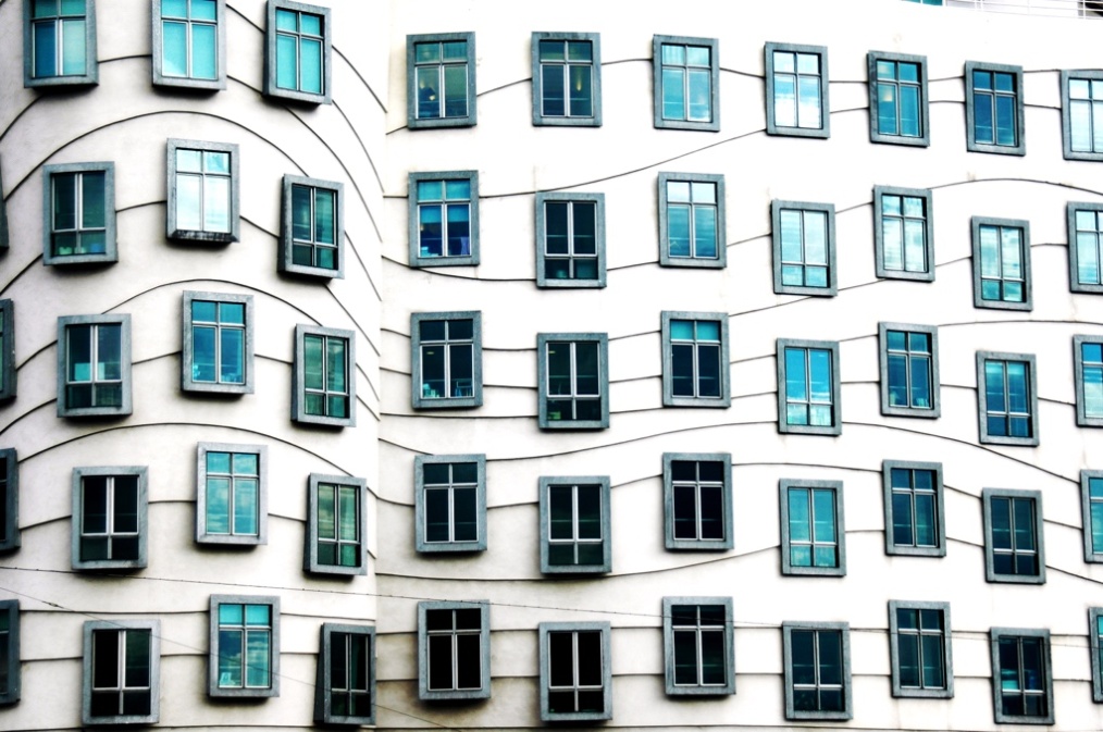 Frank Gehry and Vlado Milunic. The Dancing House. Close-up view of the windows on the main building