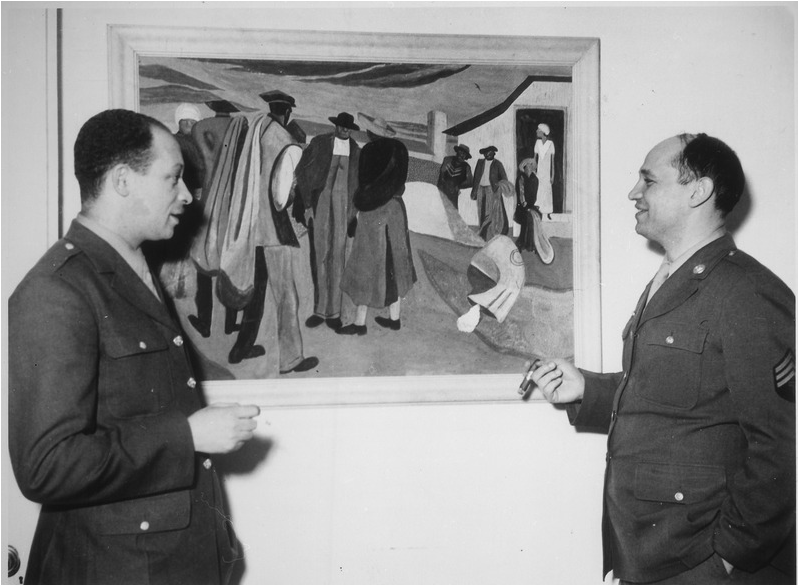 Sargent Romare Bearden shown discussing Cotton Workers with Private Charles H. Alston, his first art teacher and cousin, 1944, National Archives at College Park.