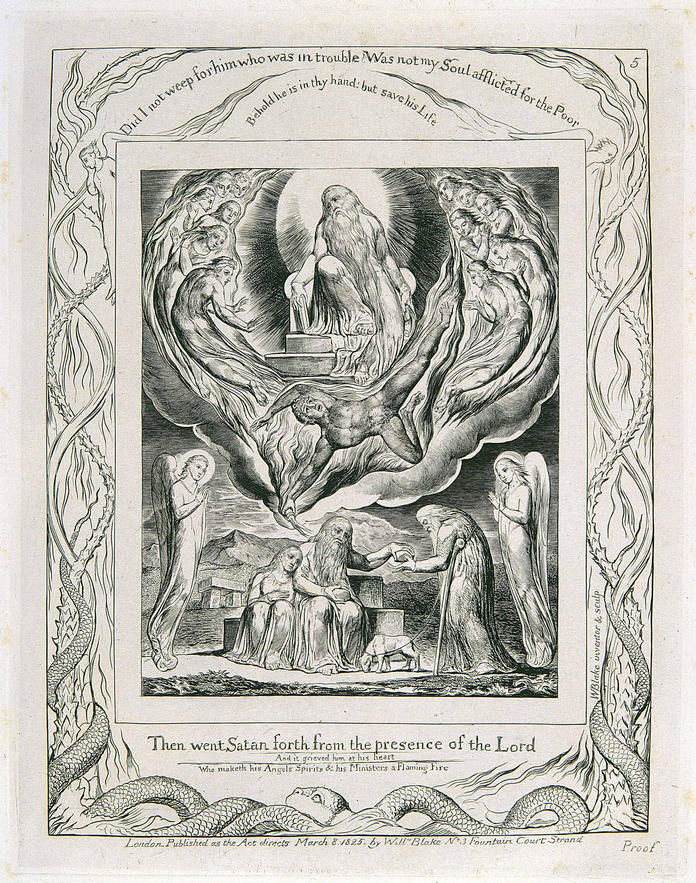 Engraving, The Fall of Satan from the Presence of the Lord, plate 5 from the Illustrations for the Book of Job, 1825, William Blake