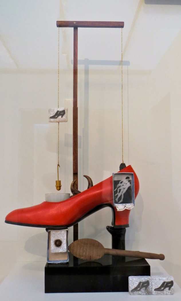 Salvador Dali, Surrealist Object Functioning Symbolically—Gala’s Shoe, 1931 (1973 version) Assemblage with shoe, marble, photographs, glass, wax, hair, scraper, and gibbet, 19x11x3.7