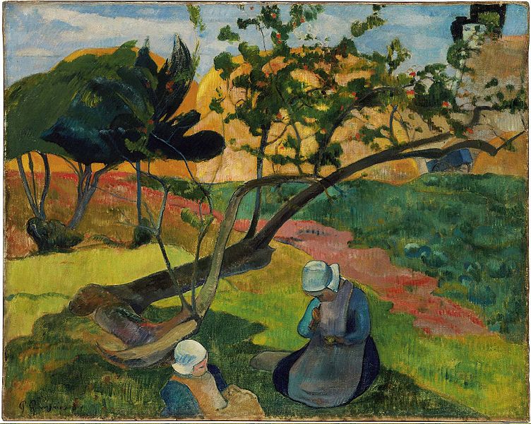 Oil on canvas, Landscape with Two Breton Women, 1889, Paul Gauguin