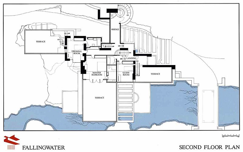 Illustration, Frank Lloyd Wright, Fallingwater, Second Floor Plan