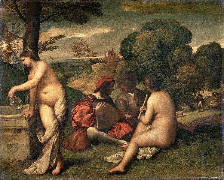 Oil on canvas, Pastoral Concert, 1510, Titian and or Giorgione