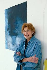 Photograph Helen Frankenthaler in her studio on Contentment Island in Darien, Connecticut in 2003 with her work Blue Lady
