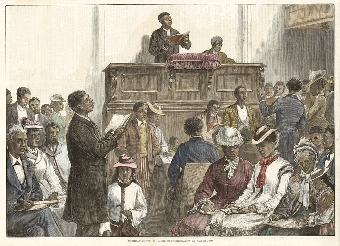 American Sketches: A Negro Congregation at Washington, 18 November 1876, Published by The Illustrated London News, Ink on paper, 10 x 14”.