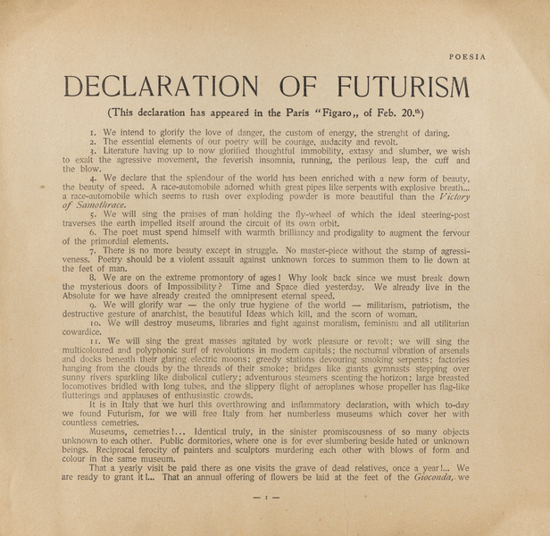 First page of English version of Manifesto of Futurism, 1 April 1909