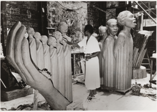 Augusta Savage working on her sculpture, Lift Every Voice and Sing, 1935-45, plaster, created for the 1939 New York World’s Fair. Destroyed at the end of the fair.