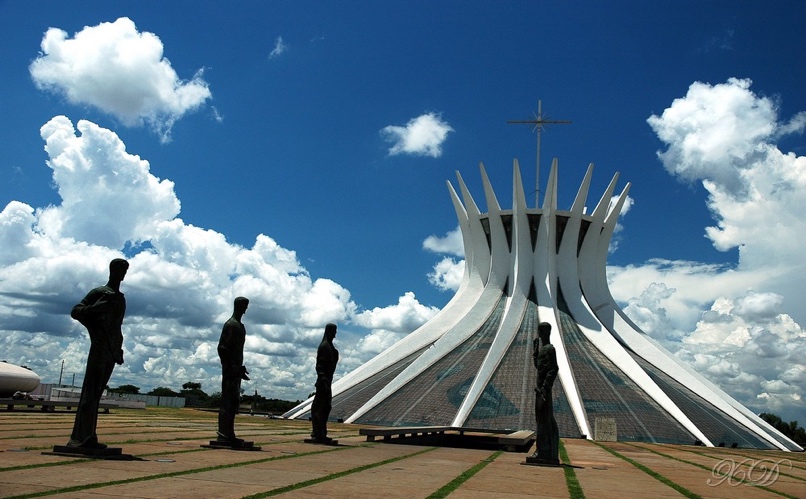 Oscar Niemeyer, architect. The Symbol of Brazil. Romanesque styled sculptures lining the courtyard of the Cathedral