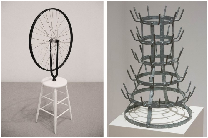 Left: Bicycle Wheel, original 1913, reproduction 1964, wheel and painted wood 26” tall. Right, Bottle Rack, original 1914, reproduction 1963, galvanized iron, 22x14, Marcel Duchamp