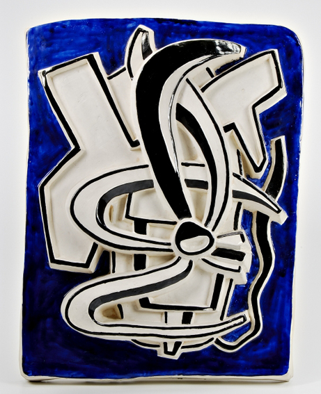 Abstract white letters and symbols outlined in black on blue background, Fernand Leger