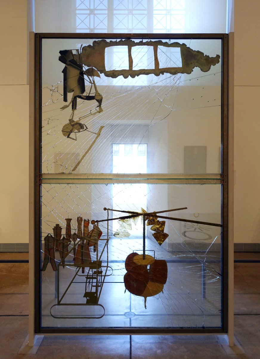 Marcel Duchampe, The Bride Stripped Bare by her Bachelors, Even (The Large Glass), 1915-23, oil, varnish, lead foil, lead wire, and dust on two glass panels, 109.3x70x3.4