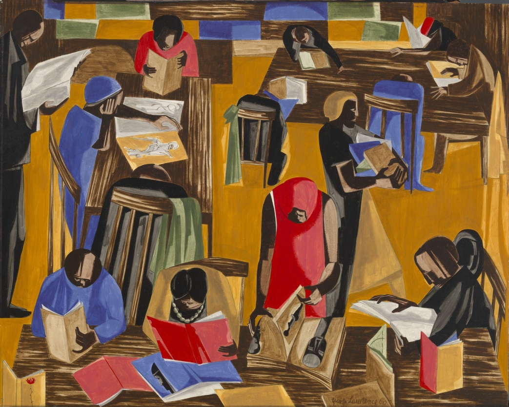 Jacob Lawrence, The Library, 1960, tempera on fiberboard, 24x29 7/8” Smithsonian American Art Museum.