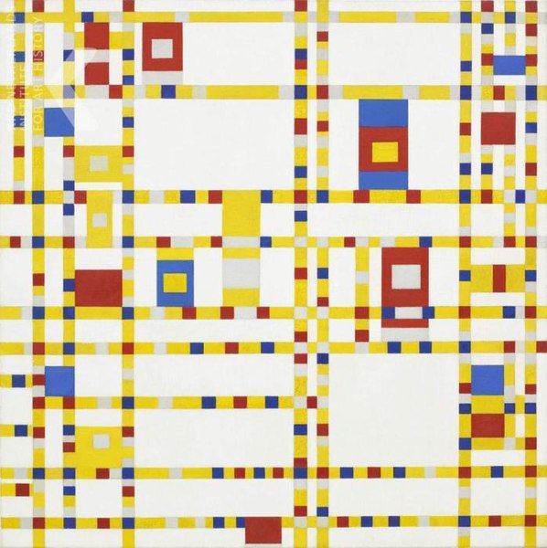 Piet Mondrian, Broadway Boogie Woogie, 1942-43, oil on canvas, 50x50”