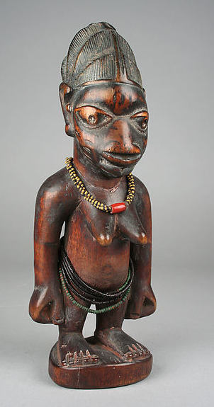 Twin Figure, 19th-20th century, Nigeria, Yoruba peoples, wood, beads cam wood powder, pigment, 9 ¼ x 3