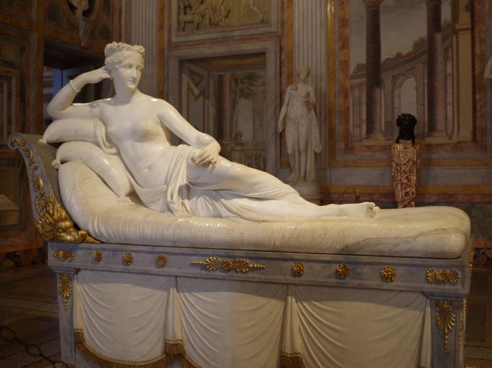 Antonio Canova, Portrait of Pauline Borghese as Venus, 1808, Carrara marble, 36’x75”, Galleria Borghese, Rome, Italy.