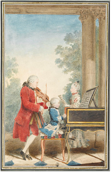 Louis Carrogis Carmontelle, Portrait of Wolfgang Amadeus Mozart, 1763, 8x5”; gouache and watercolor, Museum, Chantilly, France.