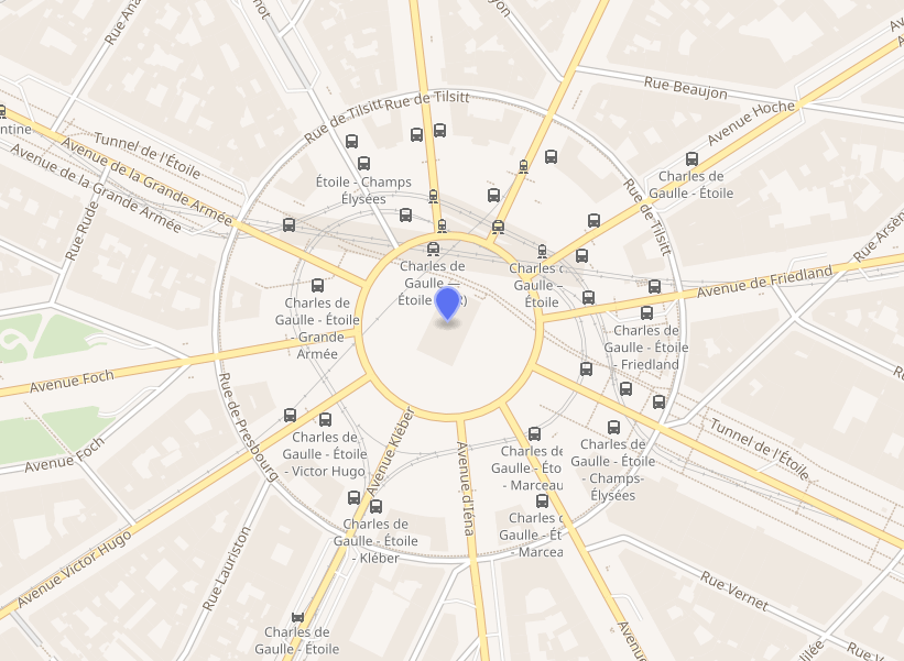 Arc de Triomphe de l’E’toile at the juncture of twelve streets in Paris, ©Open Street Map