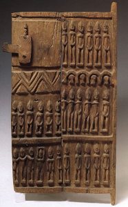Granary doors, Dogon, Mali, 39”, carved with the twin gods Nummo and Nommo. Wood, Castello Sforzesco, Milan, Italy.