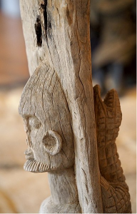Toguna post, double sided with man and lizard. Wood, Bandiagara Escarpment, Mali.