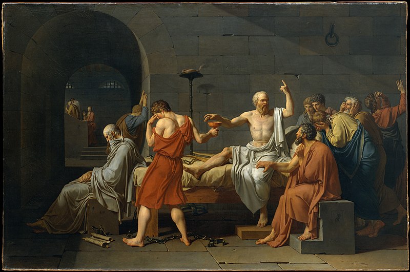 Oil on Canvas. Socrates is speaking to a disciple as he reaches for a goblin of hemlock. Other disciplines surrounding him and hanging their heads or looking away so they don't see what's happening.