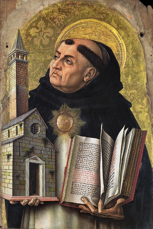 Portrait of Thomas Aquinas holding a church, representing religion in one hand, and a book, representing logic, in the other.