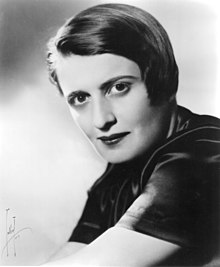 Black and white portrait of Ayn Rand.