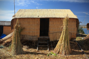 A straw hut with straw stacks Description automatically generated