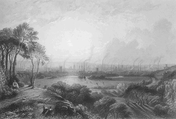 Black and white depiction of Manchester, with a nature scene in the foreground and the factory city in the distance.