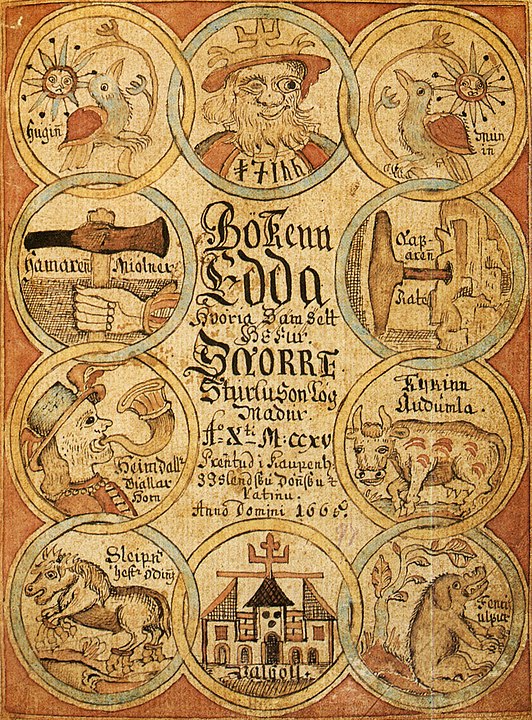Title page of a manuscript of the Prose Edda, showing Odin, Heimdallr, Sleipnir and other figures from Norse mythology