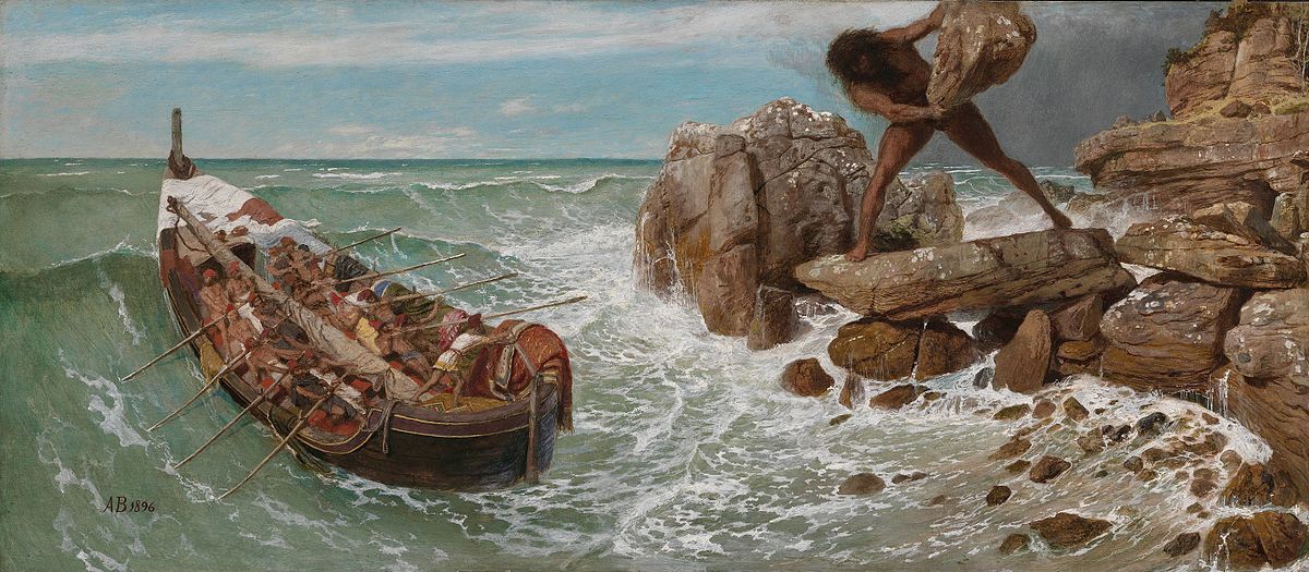Escaping from the island of the Cyclopes—one-eyed, ill-tempered giants—the hero Odysseus calls back to the shore, taunting the Cyclops Polyphemus, who heaves a boulder after the boat. (Text credit: Wikimedia)