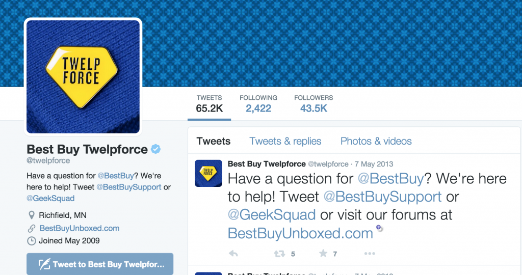 Screenshot of Best Buy Twelpforce's twitter page
