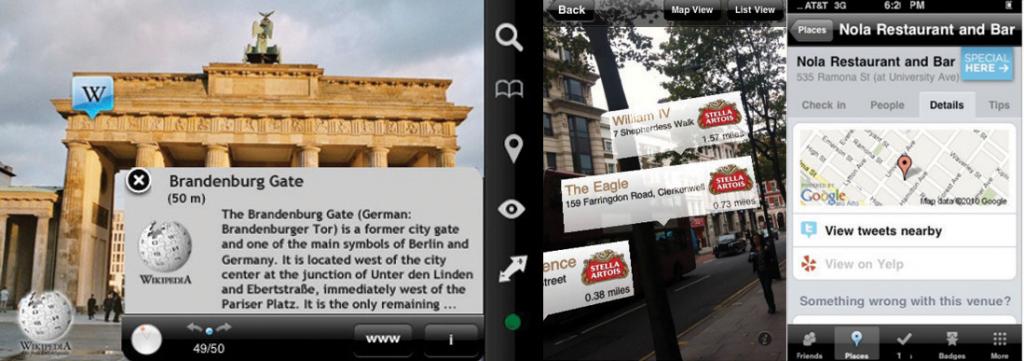 Wikitude shows Wikipedia overlays on top of images appearing through the viewfinder. Stella Artois’s Le Bar will point you to establishments offering the brew, and Foursquare offers vendor promotions as well as revealing nearby tweets.