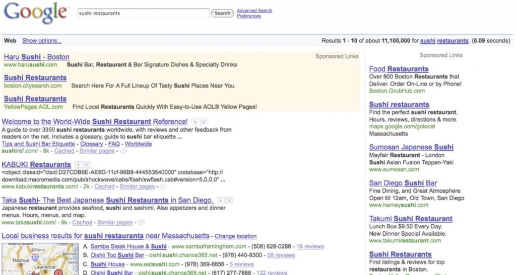 In this geotargeting example, the same search term is used at roughly the same time on separate computers located in Silicon Valley area (top) and Boston (bottom). Note how geotargeting impacts results.